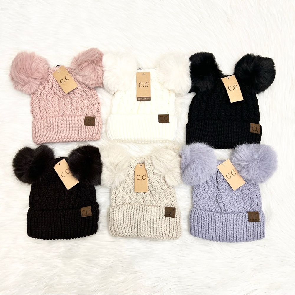 C.C Adult Premium Knit Double Match Pom Beanie, Warm Hat, Winter Beanies